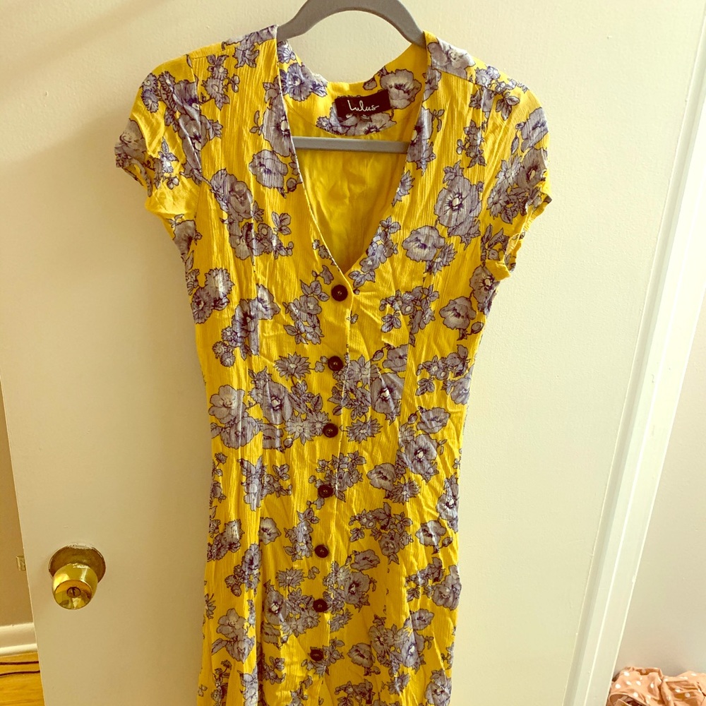 Yellow floral print button down midi dress